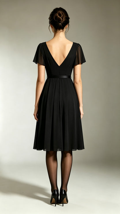 Dreamy A-line Black Bridesmaid Gowns V Neck Chiffon Maxi Dress LFNL0698