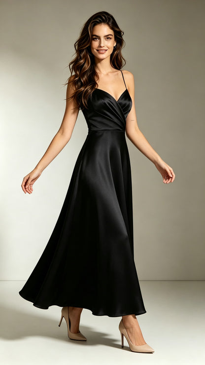 Flattering A-line Black Evening Gowns Straps Satin Long Formal Dress LFNL0714