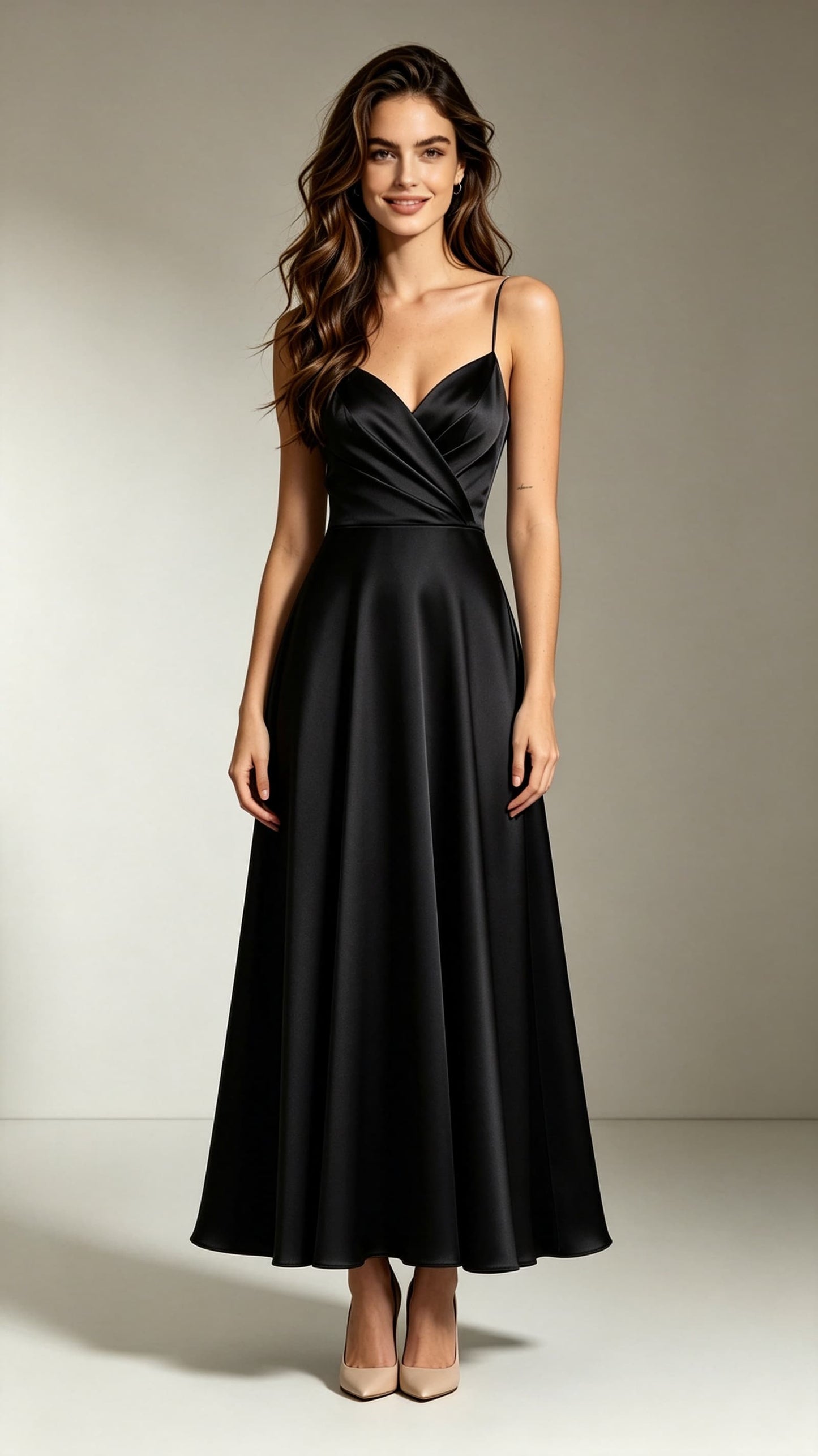 Flattering A-line Black Evening Gowns Straps Satin Long Formal Dress LFNL0714