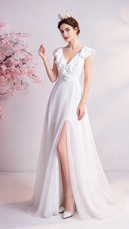Feminine A-line White Evening Dress V Neck Chiffon Long Formal Dress LFNC0349