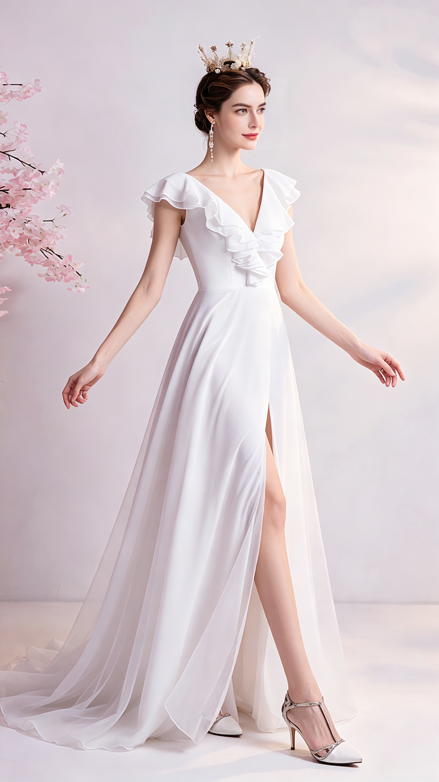 Feminine A-line White Evening Dress V Neck Chiffon Long Formal Dress LFNC0349