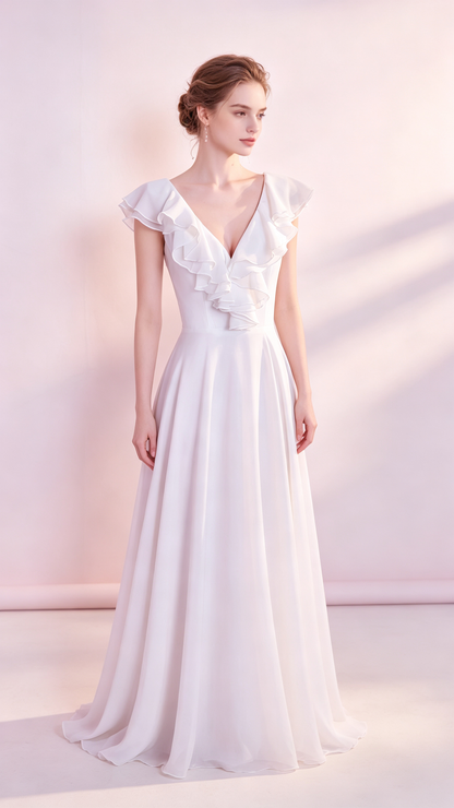 Feminine A-line White Evening Dress V Neck Chiffon Long Formal Dress LFNC0349