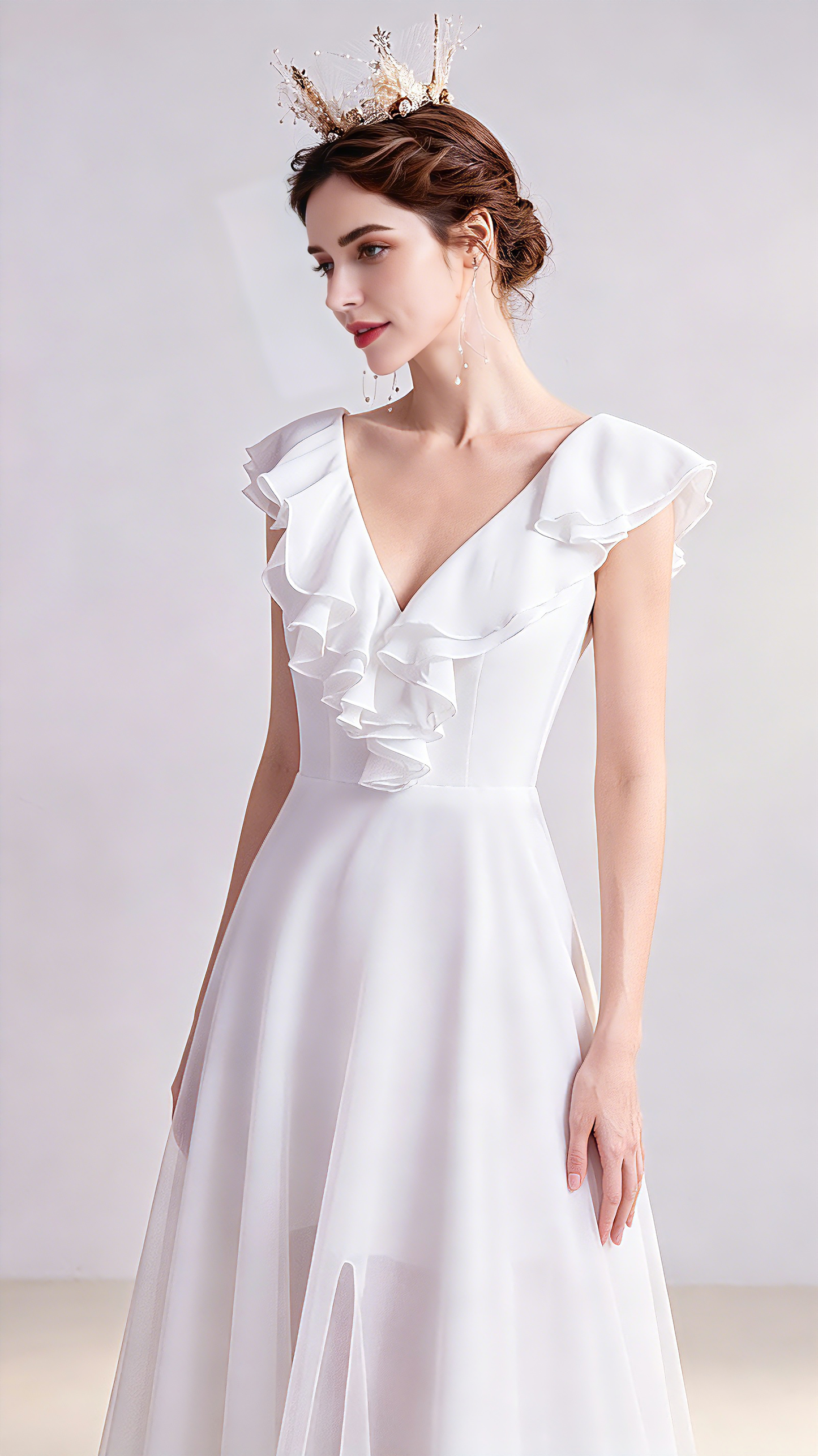 Feminine A-line White Evening Dress V Neck Chiffon Long Formal Dress LFNC0349