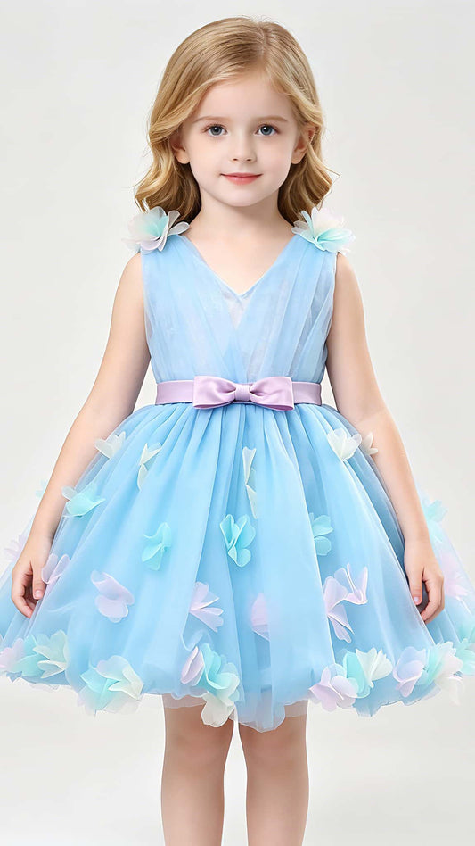 Gorgeous A-line Blue Flower Girl Dresses V Neck Embossed Tulle Short Gown LFNGA003