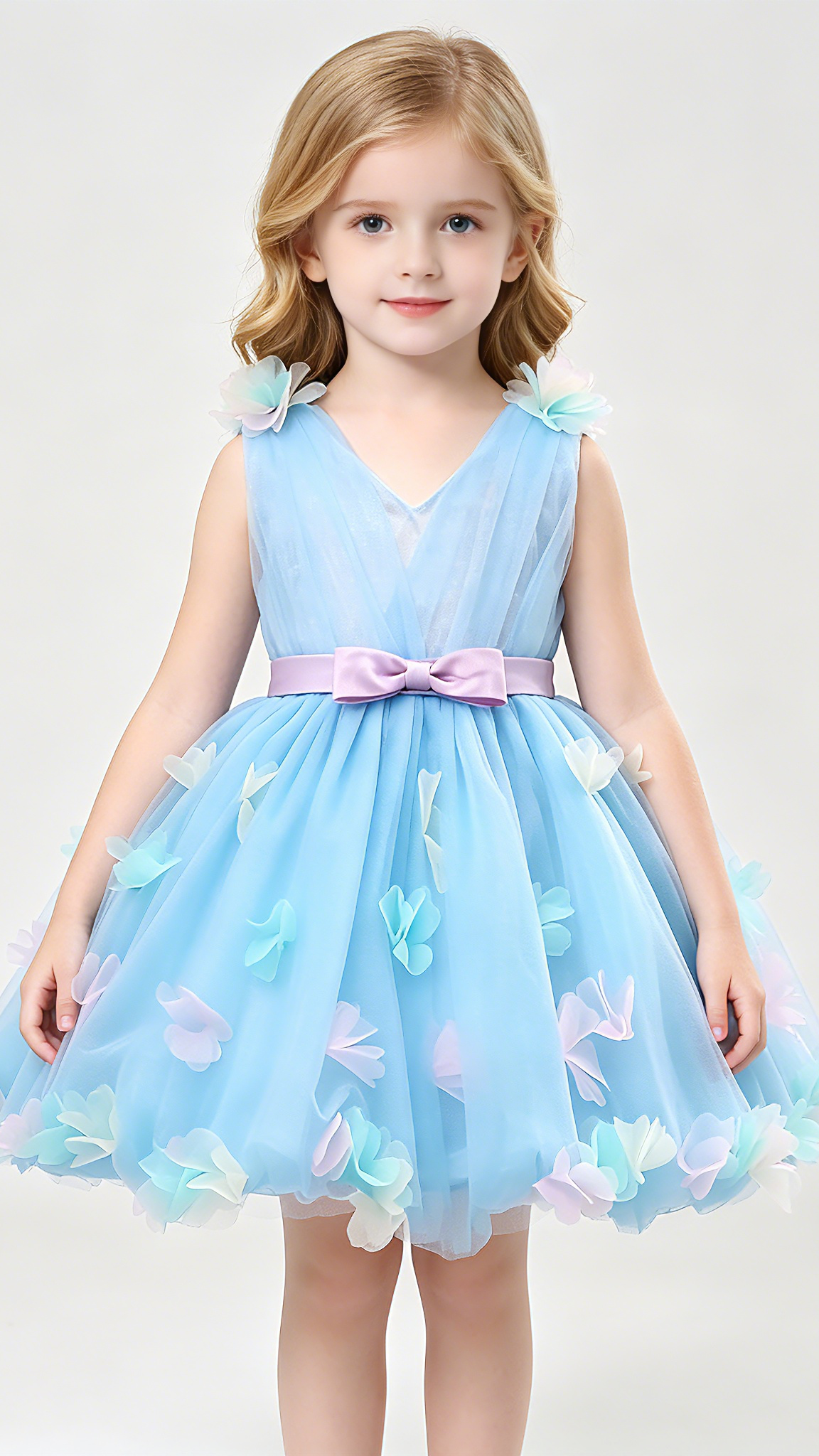 Gorgeous A-line Blue Flower Girl Dresses V Neck Embossed Tulle Short Gown LFNGA003