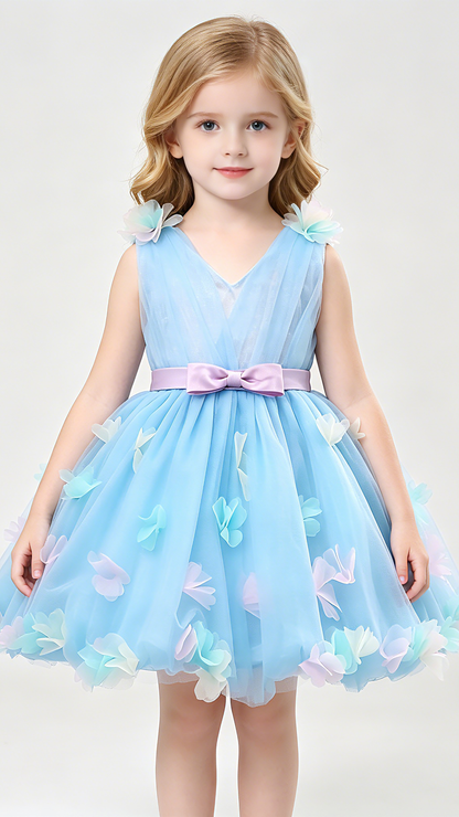 Gorgeous A-line Blue Flower Girl Dresses V Neck Embossed Tulle Short Gown LFNGA003