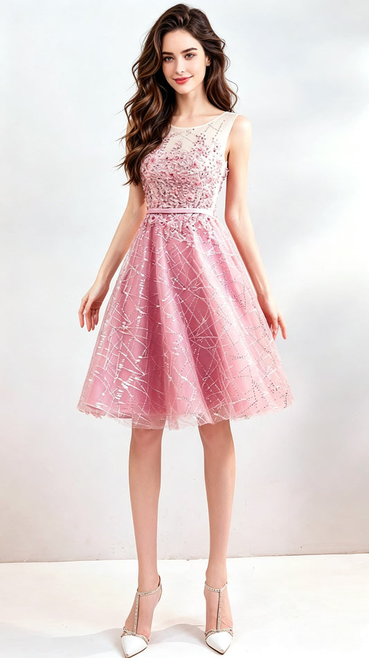 Eye-catching A-line Pink Evening Dress Round Neck Organza Short Formal Dress LFNC0168
