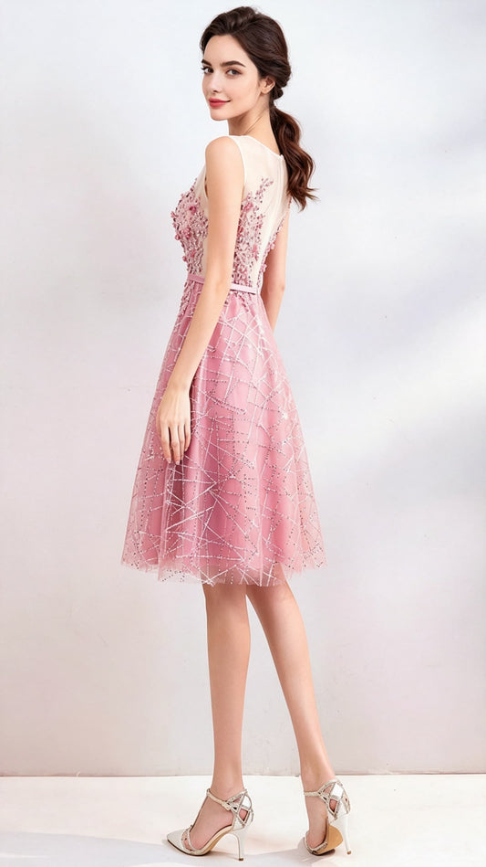 Eye-catching A-line Pink Evening Dress Round Neck Organza Short Formal Dress LFNC0168