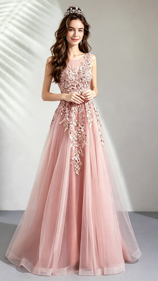Classy A-line Pink Evening Dress Round Neck Organza Long Formal Dress LFNC0167