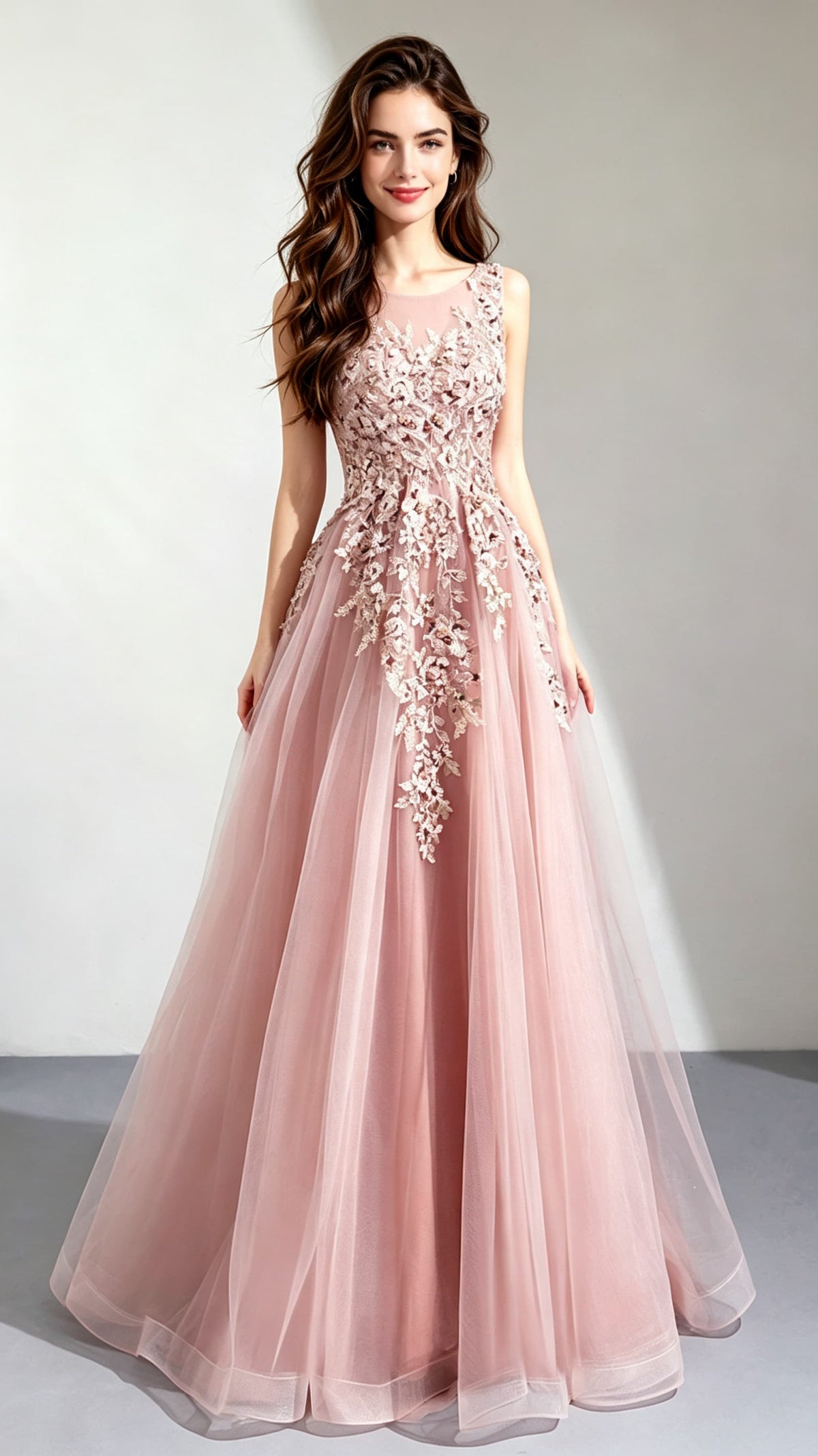 Classy A-line Pink Evening Dress Round Neck Organza Long Formal Dress LFNC0167