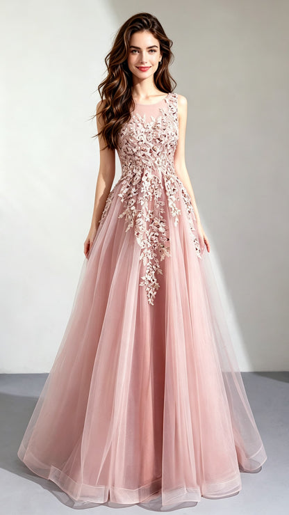 Classy A-line Pink Evening Dress Round Neck Organza Long Formal Dress LFNC0167
