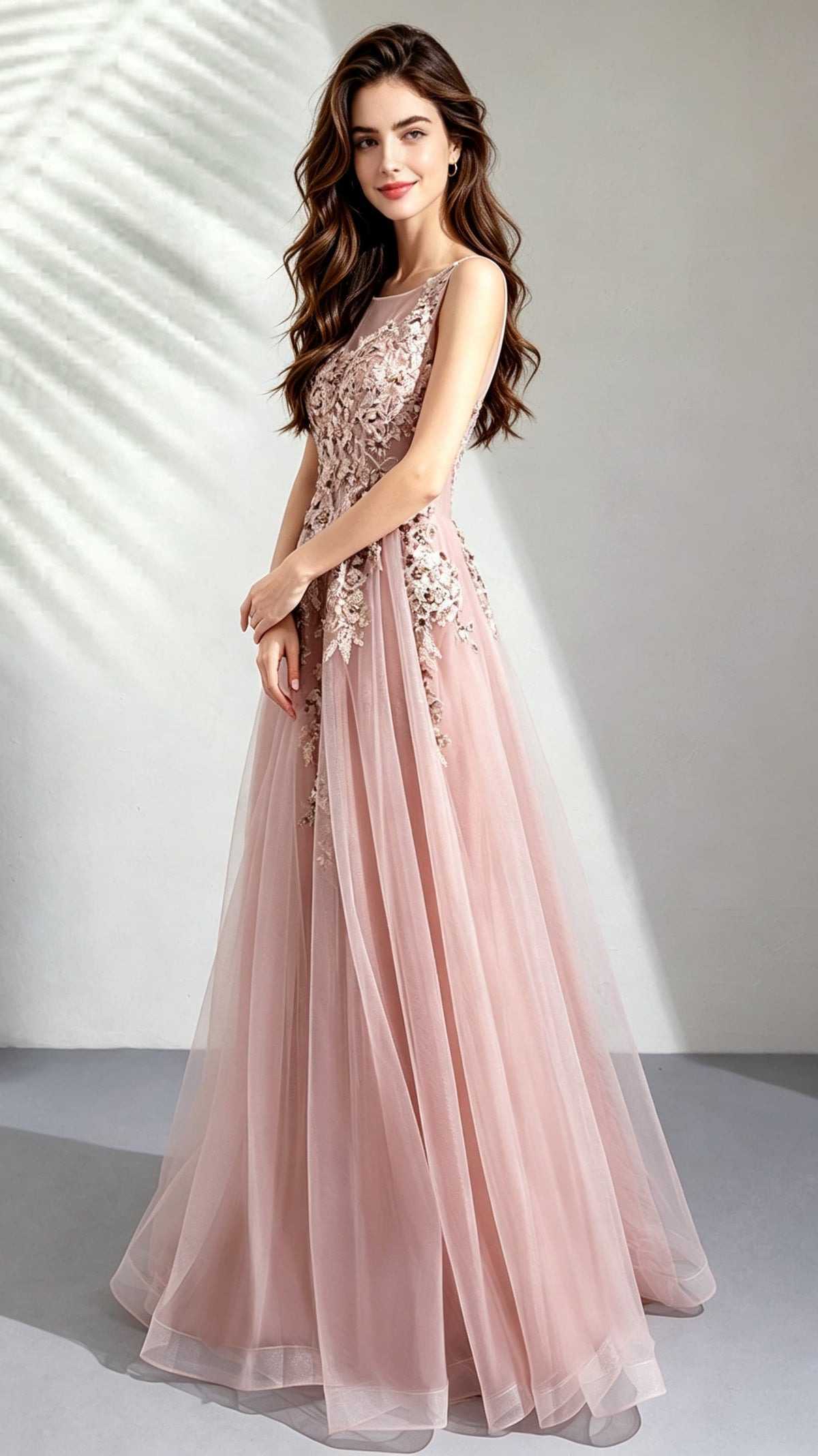 Classy A-line Pink Evening Dress Round Neck Organza Long Formal Dress LFNC0167