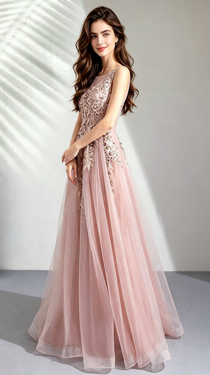 Classy A-line Pink Evening Dress Round Neck Organza Long Formal Dress LFNC0167