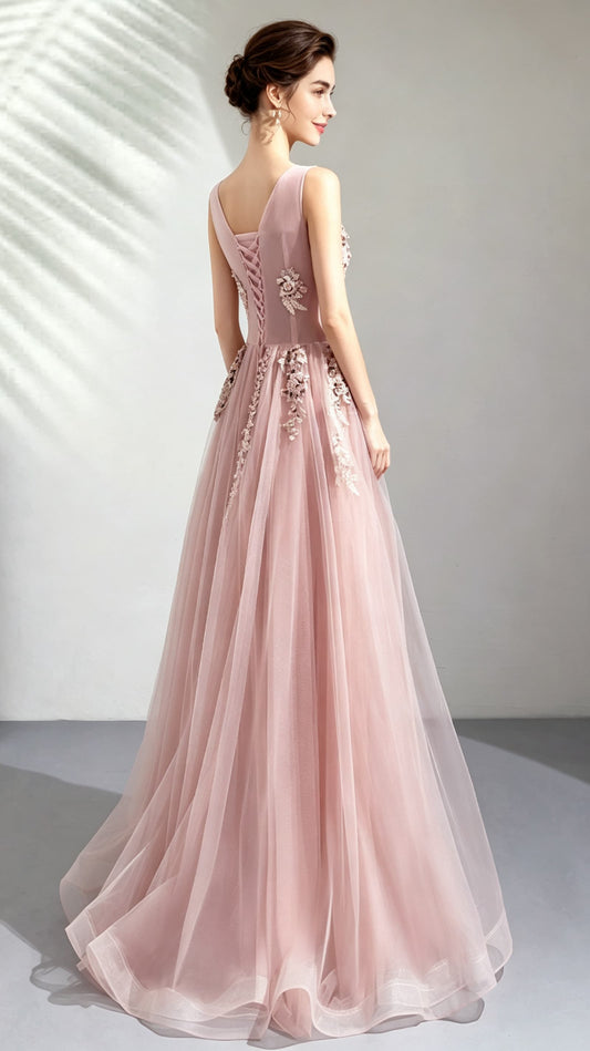 Classy A-line Pink Evening Dress Round Neck Organza Long Formal Dress LFNC0167