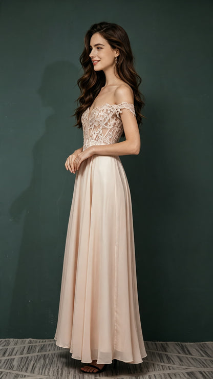 Gorgeous A-line Pink Evening Gowns Off the Shoulder Chiffon Long Formal Dress LFNL0667