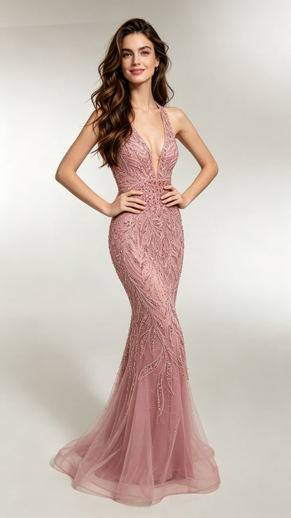 Gorgeous Mermaid Pink Evening Gowns V Neck Tulle Maxi Dress LFNL0688