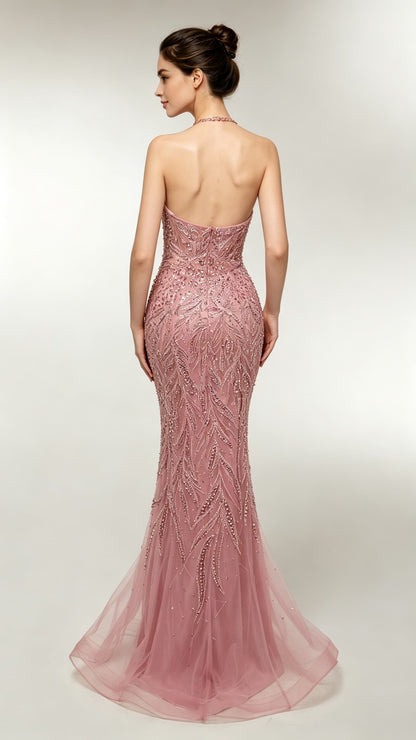 Gorgeous Mermaid Pink Evening Gowns V Neck Tulle Maxi Dress LFNL0688