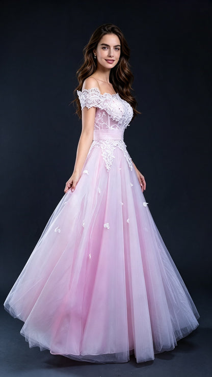 Gorgeous A-line Pink Evening Gowns Off the Shoulder Lace&Horsehair Long Formal Dress LFNL0609