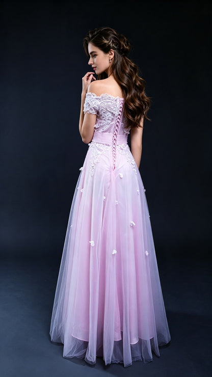 Gorgeous A-line Pink Evening Gowns Off the Shoulder Lace&Horsehair Long Formal Dress LFNL0609