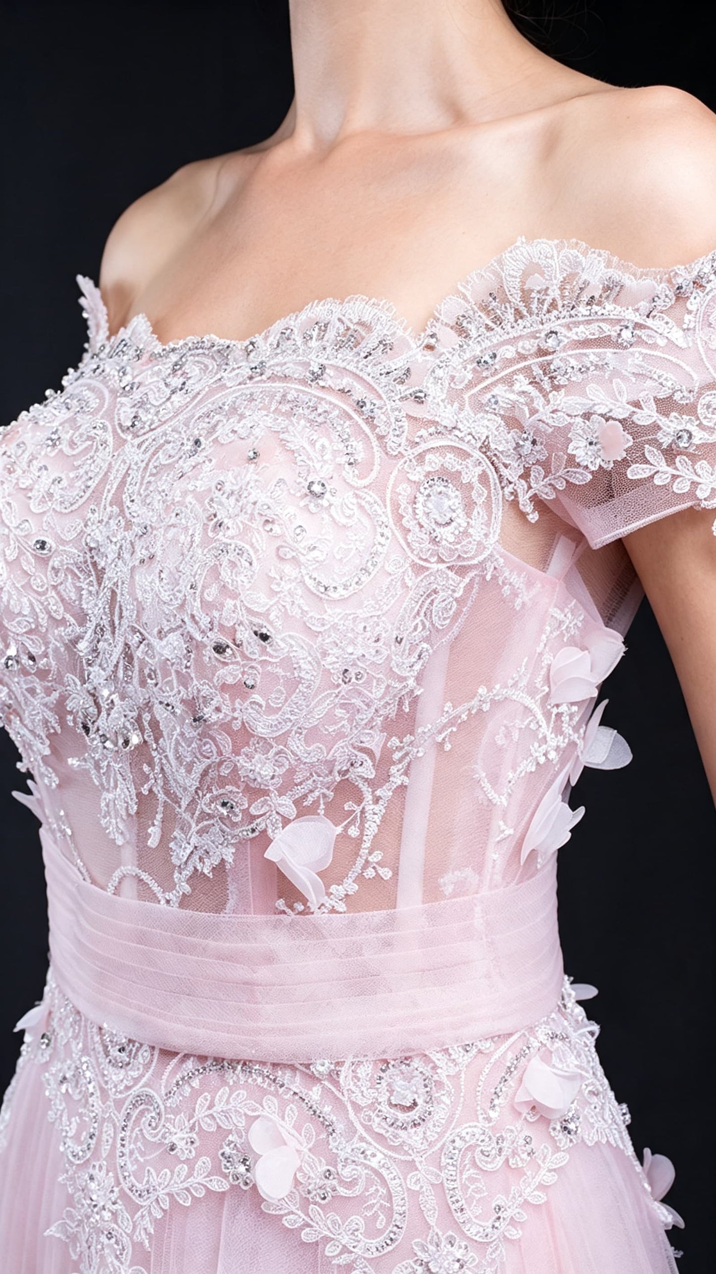 Gorgeous A-line Pink Evening Gowns Off the Shoulder Lace&Horsehair Long Formal Dress LFNL0609