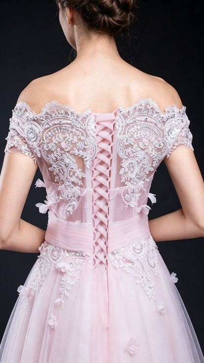 Gorgeous A-line Pink Evening Gowns Off the Shoulder Lace&Horsehair Long Formal Dress LFNL0609
