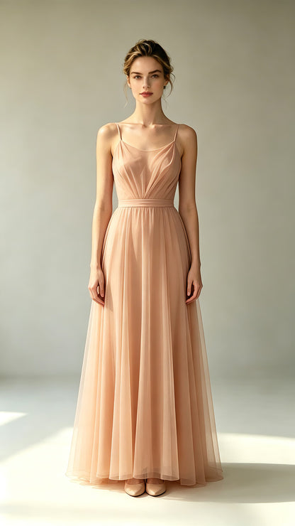 Peach spaghetti strap tulle A-line long evening gown for wedding and prom