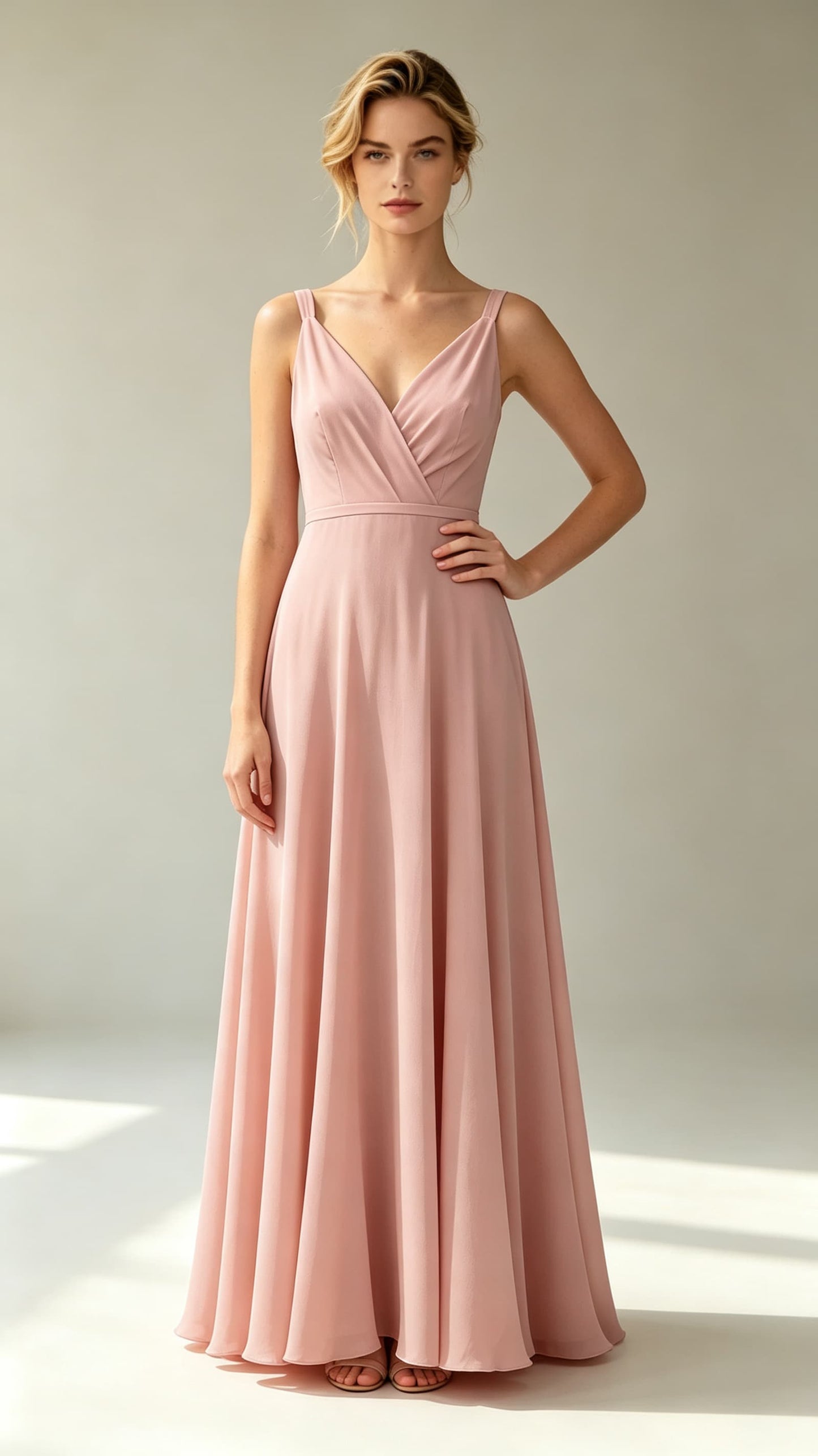 Blush pink A‑line chiffon maxi evening gown, wrap v‑neck wide spaghetti straps custom formal bridesmaid dress