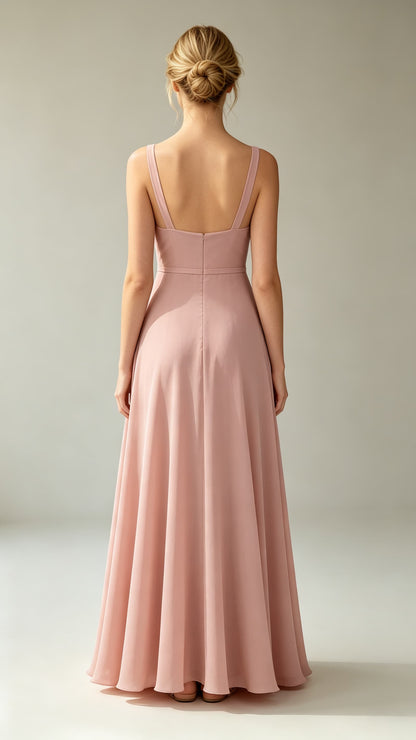 Effortless A-line Pink Evening Gowns V Neck Chiffon Maxi Dress LFNL0779