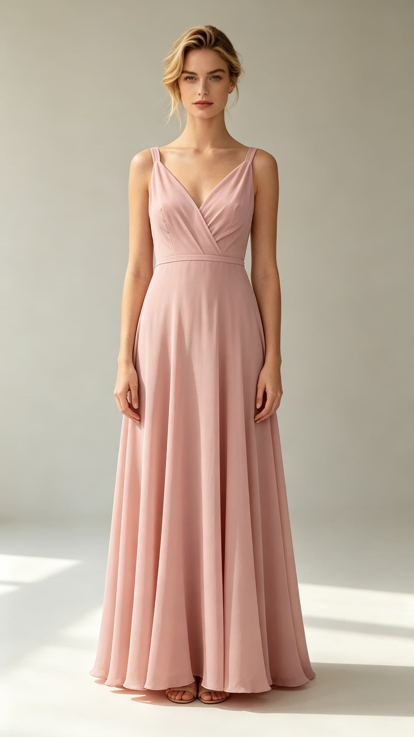 Effortless A-line Pink Evening Gowns V Neck Chiffon Maxi Dress LFNL0779