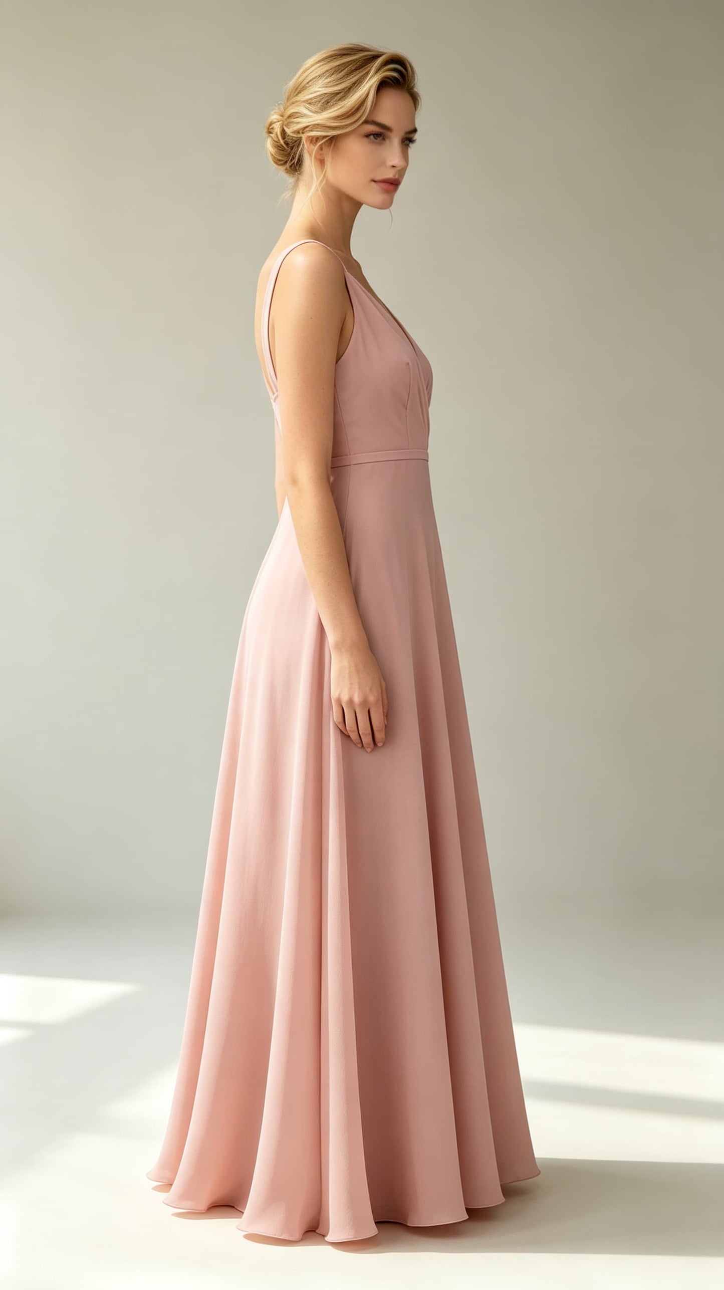 Effortless A-line Pink Evening Gowns V Neck Chiffon Maxi Dress LFNL0779