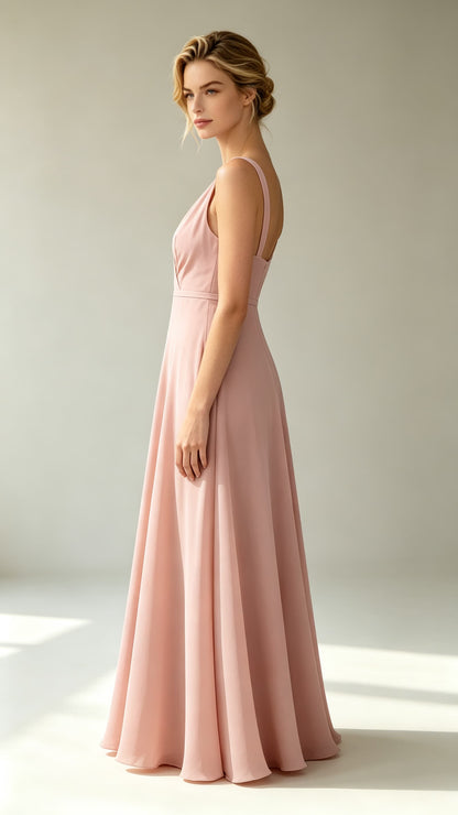 Effortless A-line Pink Evening Gowns V Neck Chiffon Maxi Dress LFNL0779