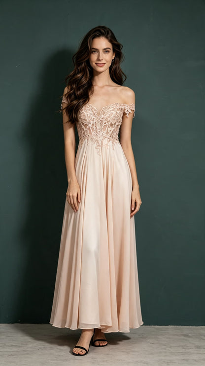 Gorgeous A-line Pink Evening Gowns Off the Shoulder Chiffon Long Formal Dress LFNL0667
