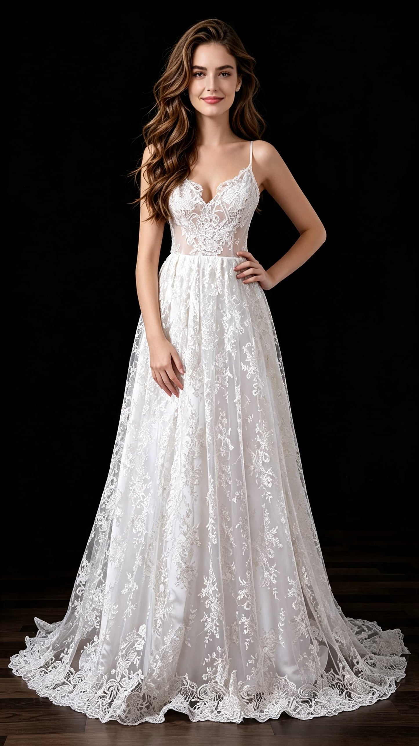 Sleek A-line White Wedding Dress Straps Lace Long Formal Dress LFNL0679