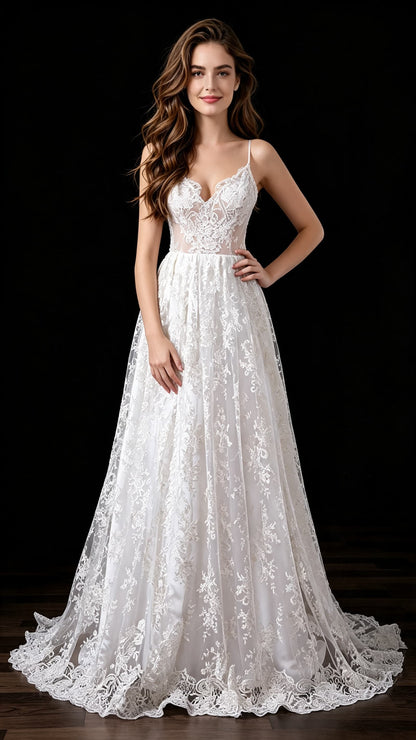 Sleek A-line White Wedding Dress Straps Lace Long Formal Dress LFNL0679