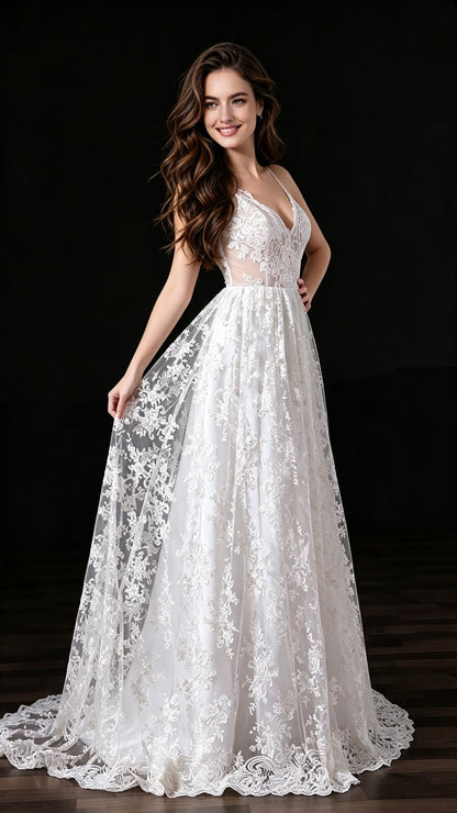 Sleek A-line White Wedding Dress Straps Lace Long Formal Dress LFNL0679