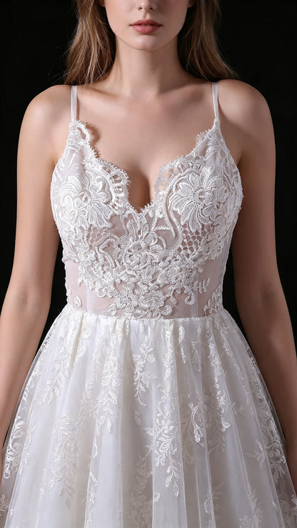 Sleek A-line White Wedding Dress Straps Lace Long Formal Dress LFNL0679