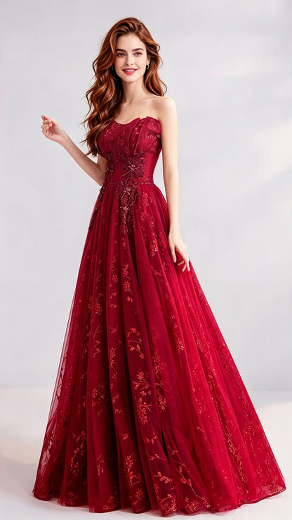 Classy A-line Red Evening Dress Strapless Organza Long Formal Dress LFNC0145