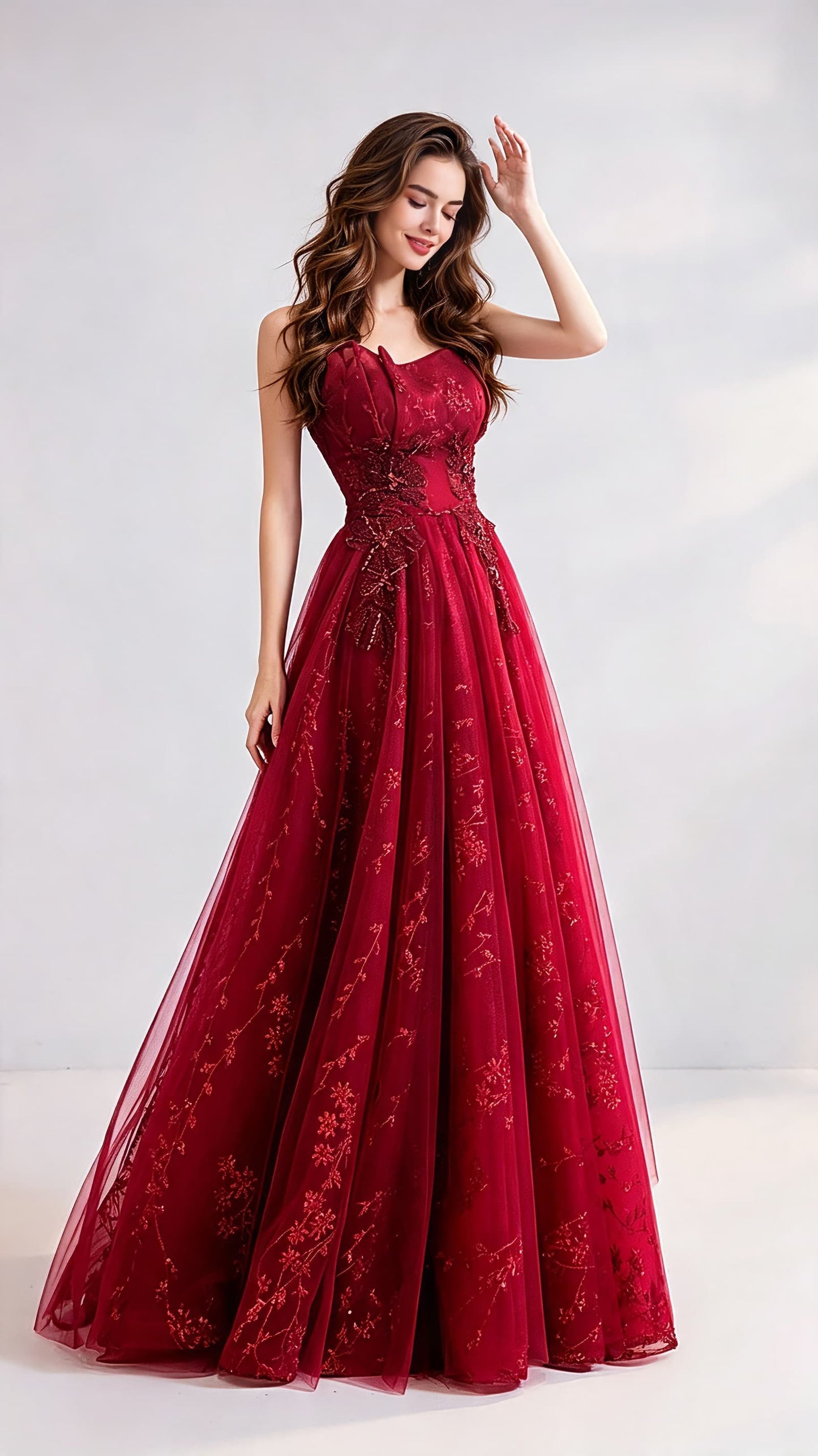 Classy A-line Red Evening Dress Strapless Organza Long Formal Dress LFNC0145