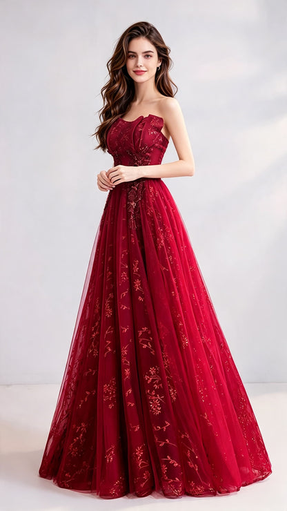 Classy A-line Red Evening Dress Strapless Organza Long Formal Dress LFNC0145