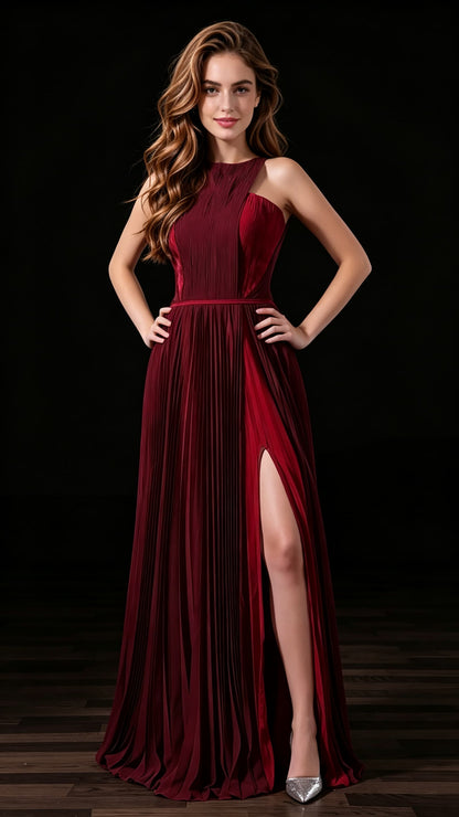 Chic A-line Red Evening Gowns Halter Chiffon Long Formal Dress LFNL0682