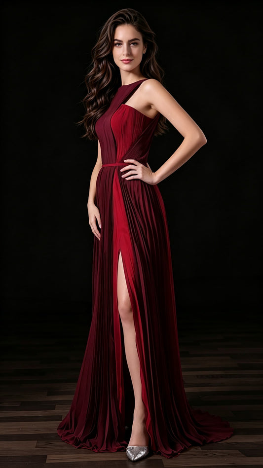 Chic A-line Red Evening Gowns Halter Chiffon Long Formal Dress LFNL0682