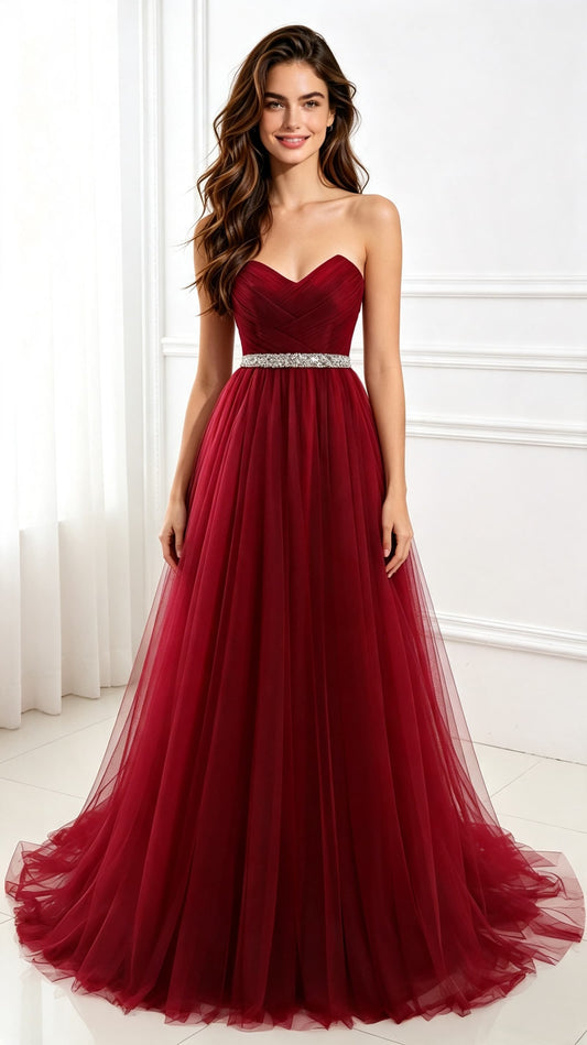 Graceful A-line Red Evening Dress Strapless Tulle Maxi Dress LFNL0626