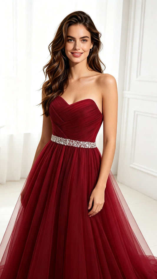 Graceful A-line Red Evening Dress Strapless Tulle Maxi Dress LFNL0626