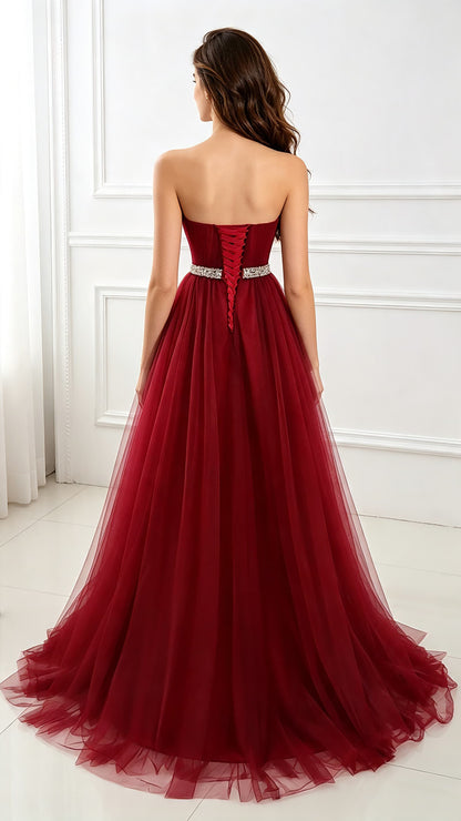 Graceful A-line Red Evening Dress Strapless Tulle Maxi Dress LFNL0626