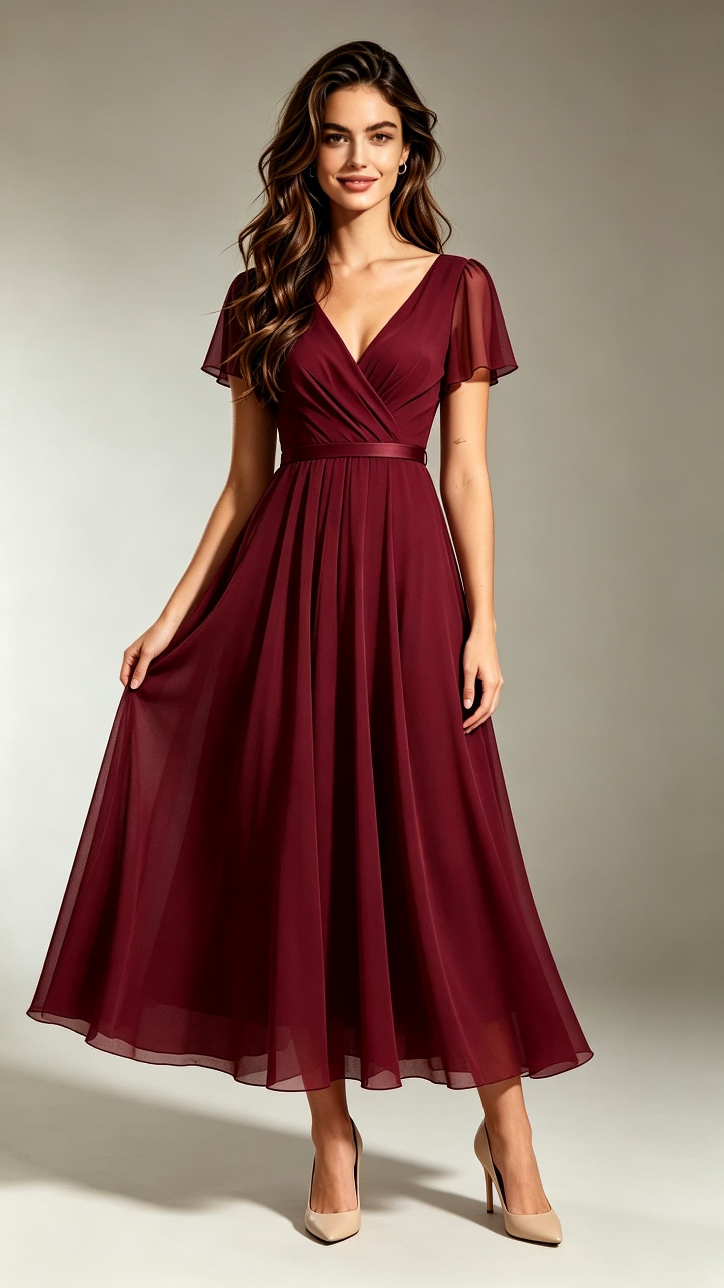 Simple A-line Red Bridesmaid Gowns V Neck Chiffon Maxi Dress LFNL0697