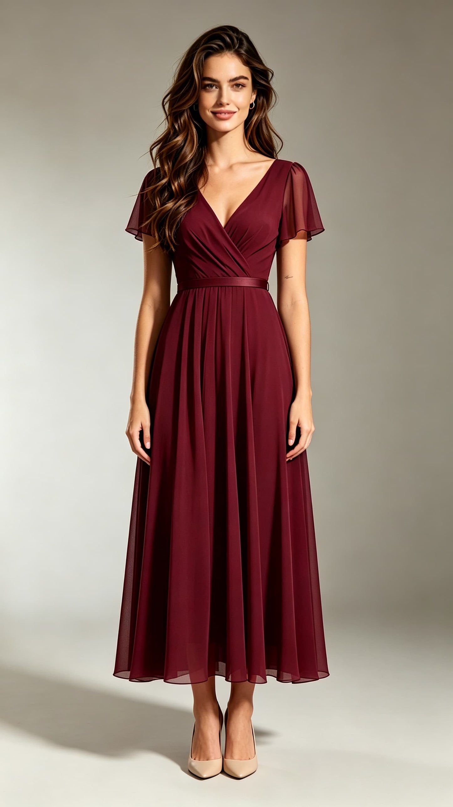 Simple A-line Red Bridesmaid Gowns V Neck Chiffon Maxi Dress LFNL0697