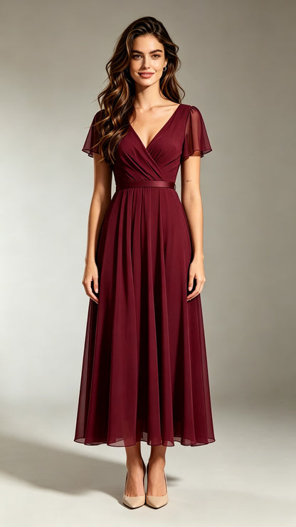 Simple A-line Red Bridesmaid Gowns V Neck Chiffon Maxi Dress LFNL0697