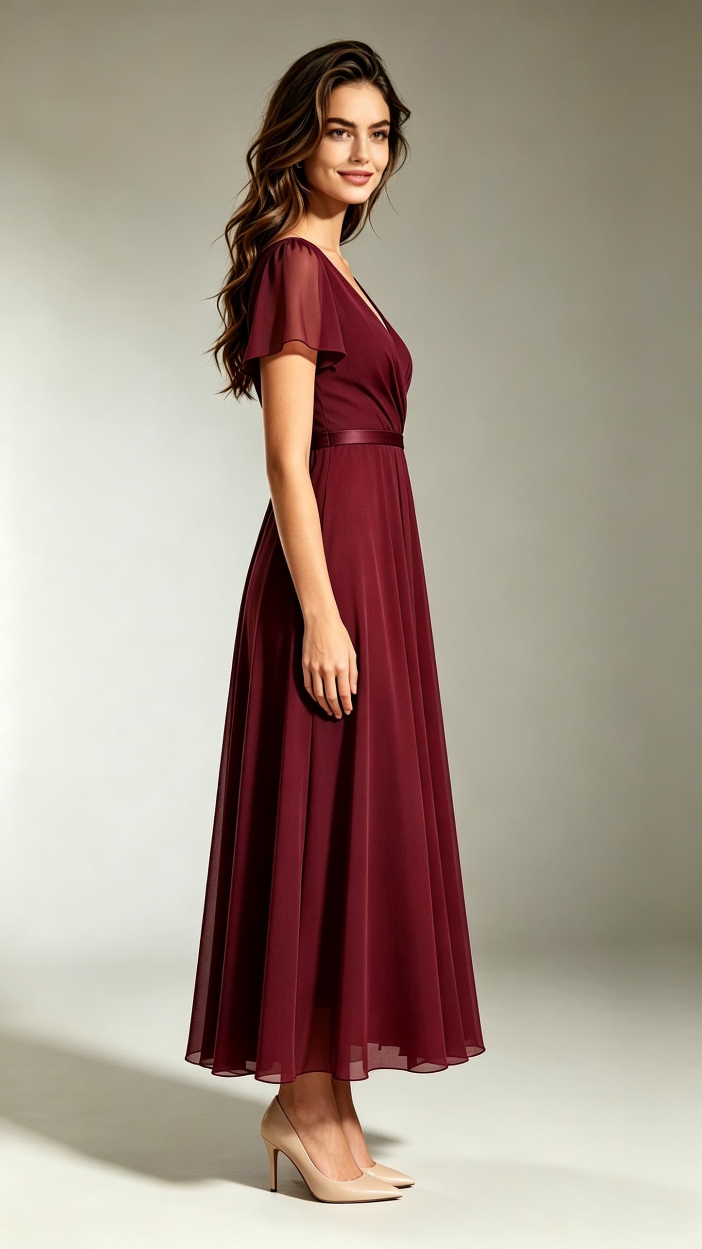 Simple A-line Red Bridesmaid Gowns V Neck Chiffon Maxi Dress LFNL0697