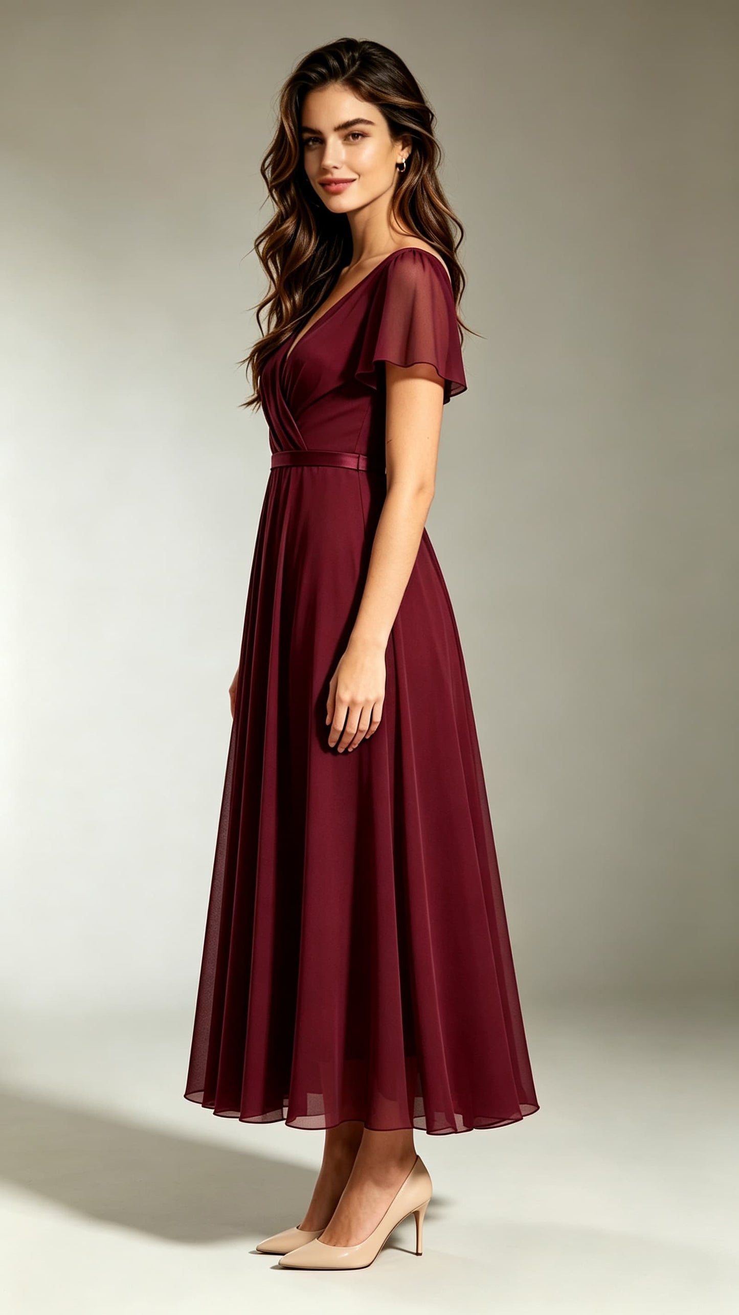 Simple A-line Red Bridesmaid Gowns V Neck Chiffon Maxi Dress LFNL0697