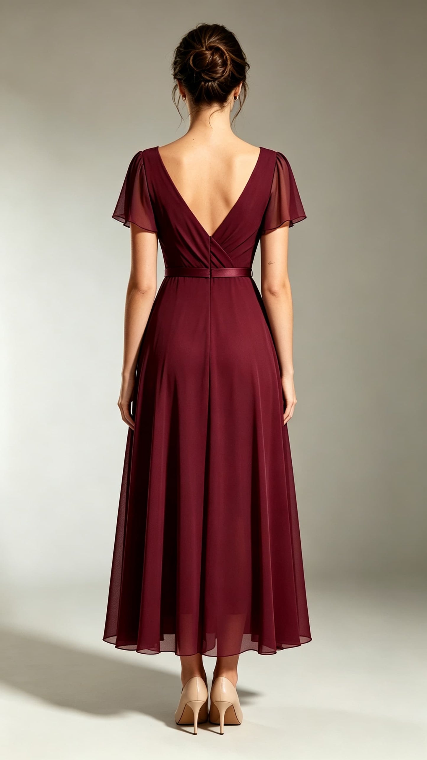 Simple A-line Red Bridesmaid Gowns V Neck Chiffon Maxi Dress LFNL0697